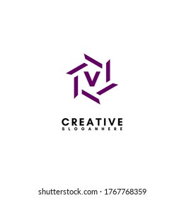 modern purple hexagonal geometric V logotype design concept