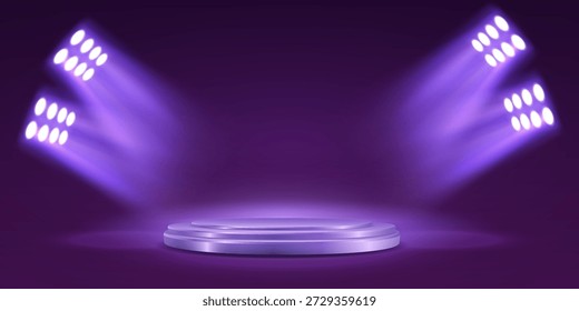 A modern purple podium with dramatic spotlights and reflections.