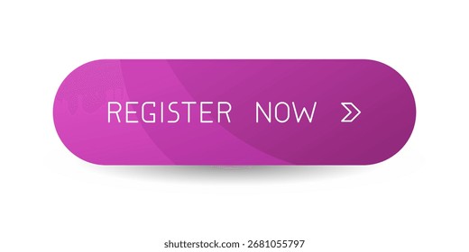 Botão CTA roxo moderno arredondado com sombra, "Registre agora" texto, ícone de seta, elemento de interface do usuário da Web para landing pages, aplicativos móveis ou banners.