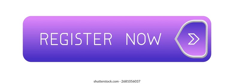 Botão CTA roxo moderno arredondado com brilho, "Registre agora" texto, ícone de seta, elemento de interface do usuário da Web para landing pages, aplicativos móveis ou banners.