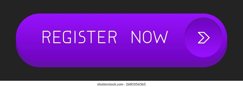 Botão CTA roxo moderno arredondado com brilho, "Registre agora" texto, ícone de seta, elemento de interface do usuário da Web para landing pages, aplicativos móveis ou banners.