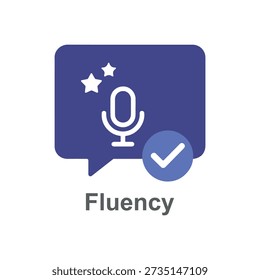 Modern purple speech bubble icon with microphone stars and checkmark symbolizing communication and fluency verification