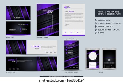 Modern purple stationery mock up and visual brand identity set. Vector illustration mock up for branding, background, cover, card, product, event, banner, website. 