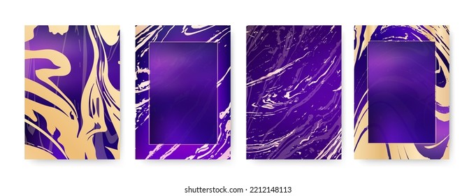 Conjunto de diseño moderno de la cubierta vectorial púrpura. Prestigioso fondo con patrón abstracto de línea dorada. Elegante plantilla violeta de lujo para menú de diseño, invitación, folleto, diseño de volante, presentación.