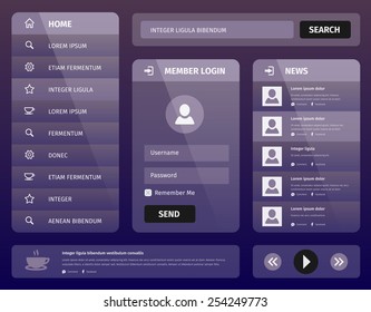 Modern purple vector illustration user interface for mobile or web with member login and vertical navigation. Simple outline icons.