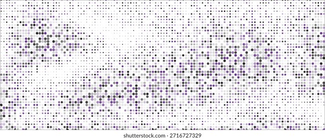 Fundo de panorama horizontal roxo moderno e violeta polka ponto. Pontos no padrão de matriz desbotada. Fundo branco com padrão colorido manchado.