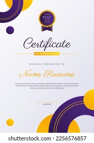 Modern purple and yellow certificate of achievement award template with badge and border for business and corporate