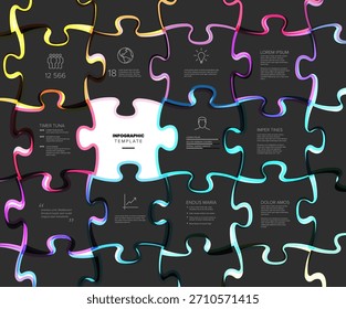 Moderna Plantilla de infografía de rompecabezas con una pieza central blanca faltante, con varios puntos de datos, íconos y secciones de texto. Plantilla de infografía de rompecabezas para conceptos de presentación dinámica.