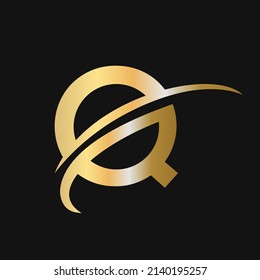 Modern Q logotype based alphabet business logo gold color. Initial letter Q logo design with swoosh sign