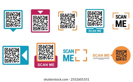 Modern QR code designs with "Scan Me" text, vibrant frames, and minimal styles. Perfect for marketing, e-commerce, and digital promotions. Vector illustrations isolated on white.