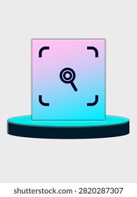 Modern QR code scanner frame displayed on a 3D podium stage, vector illustration for digital payment, product scan, and smart technology concept.