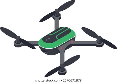 Modern quadcopter drone with green and black body hovering in the air with its four propellers spinning, representing aerial photography, surveillance, delivery, or recreational flying