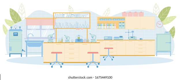 Modern Quality Control Laboratory Empty Interior with Sink, Wall Mounted Furniture, Microscope, Thermostat, Cloud Point Analyzer, Spectrophotometer, Cabinet, Shelf Box, Folder Row, Glassware