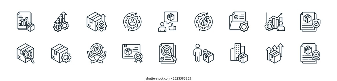 modern quality management system icon pack. perfect for linear ui designs featuring vector compliance, increasement, bussines, supplier, quality control, certificate, quality service and more icons