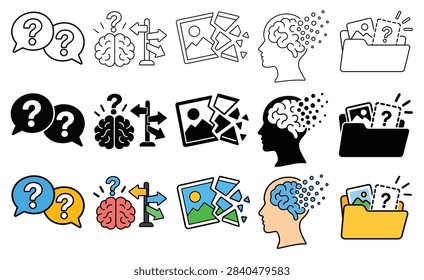 Modern question and answer problem-solving icon collection featuring FAQ speech bubbles, thinking brain symbols, directional decision-making arrows, broken image concepts, artificial intelligence, digital thinking, and question document folders. This versatile vector icon set includes clean outline, bold silhouette, and colorful flat design styles with a consistent visual appearance. Perfect for AI platforms, customer support, help centers, chatbot interfaces, troubleshooting systems, knowledge bases, educational applications, websites, and mobile app interfaces.

#Question #Answer #FAQ #ProblemSolving #AI #Chatbot #CustomerSupport #Help #Troubleshooting #Technology #Vector #IconSet #Digital #Communication #Knowledge