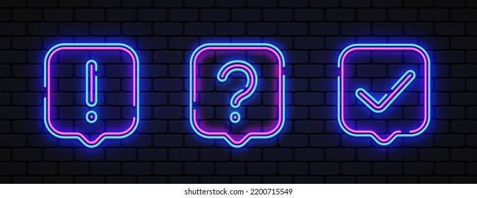 Modern question neon, great design for any purposes. Ask help sign. Blue background. Check mark, info neon on light background. Exclamation mark. Vector illustration