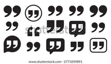 Modern quotation mark icons inside speech bubbles and frames. Citation elements for web design and user interface.