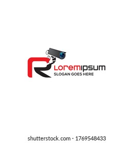 Modelo de diseño del logotipo de la cámara CCTV de la carta R moderna, logotipo de CCTV realista