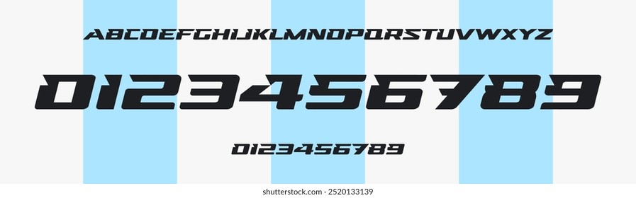 Modern race typography, angular sans serif numbers and letters, powerful font for sports branding, jersey numbers, team merchandise. Vector typeset.