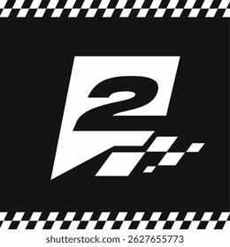 Modern Racing Podium Number 2 Illustration with Speed Flag Motif and Checkered Border Design