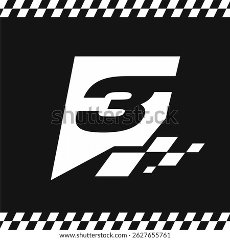 Modern Racing Podium Number 3 Illustration with Speed Flag Motif and Checkered Border Design