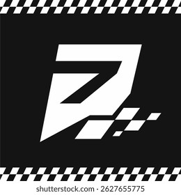 Modern Racing Podium Number 7 Illustration with Speed Flag Motif and Checkered Border Design
