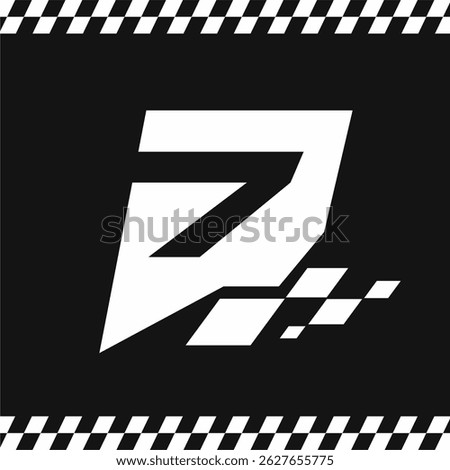 Modern Racing Podium Number 7 Illustration with Speed Flag Motif and Checkered Border Design