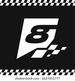 Modern Racing Podium Number 8 Illustration with Speed Flag Motif and Checkered Border Design