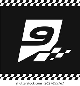Modern Racing Podium Number 9 Illustration with Speed Flag Motif and Checkered Border Design