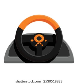 O volante do simulador de corrida moderno com feedback de força está deitado em uma mesa e esperando um jogador começar a jogar videogame