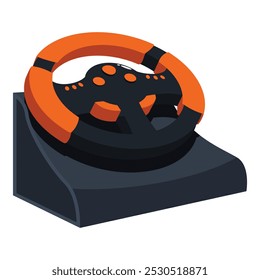 Modern racing simulator steering wheel with buttons on a stand, providing an immersive gaming experience