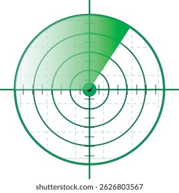 Moderne Radarabtastschnittstelle mit grünem Sweep und Raster. Sauberes Design, ideal für Sicherheit, Tracking, Navigation, Militär oder futuristische HUD-Visuals.