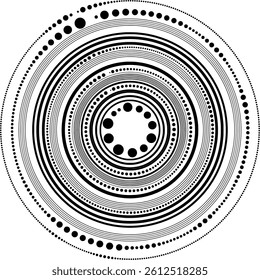Modern Radiating Geometric Dotted circles alternating with Five line circles,  Atypical Diverging Geometric Concentric Circles Design Element with illusion of rotation