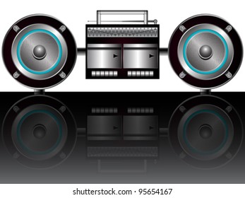 modern radiocassette player reflected, abstract vector art illustration; image contains transparency