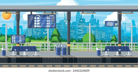 Modern Railway Station for High Speed Train. Platform with Schedule. Super Streamlined Train. Passenger Express Railway Locomotive. Railroad Public Transportation Subway. Flat Vector Illustration