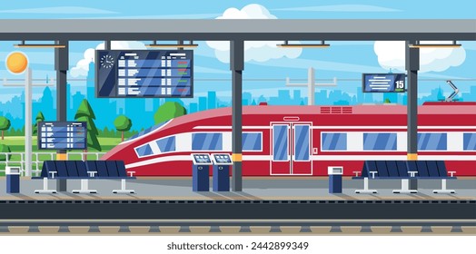 Estación de tren moderna con tren de alta velocidad y plataforma con horario. Tren Súper Agilizado. Locomotora de tren Passenger Express. Transporte Público Ferroviario Subterráneo. Ilustración vectorial plana