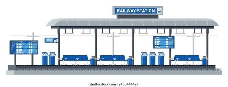 Modern Railway Station for High Speed Train. Platform with Schedule. Super Streamlined Train. Passenger Express Railway Locomotive. Railroad Public Transportation Subway. Flat Vector Illustration