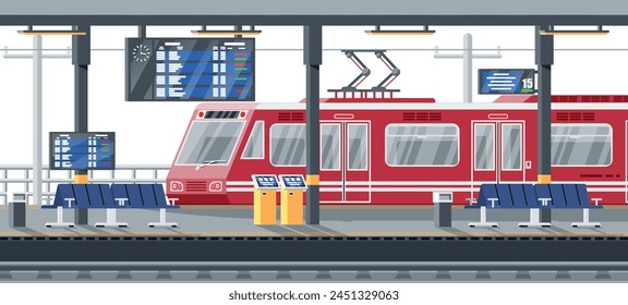 Estación de tren moderna con tren de alta velocidad y plataforma con horario. Tren Súper Agilizado. Locomotora de tren Passenger Express. Metro de Transporte público. Ilustración vectorial plana