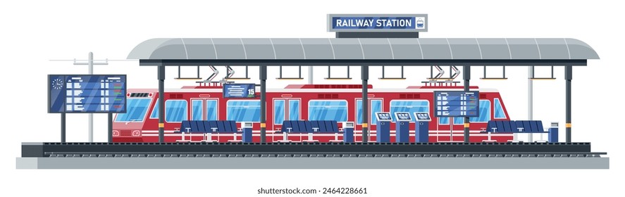 Estación de tren moderna con tren de alta velocidad y plataforma con horario. Tren Súper Agilizado. Locomotora de tren Passenger Express. Metro de Transporte público. Ilustración vectorial plana