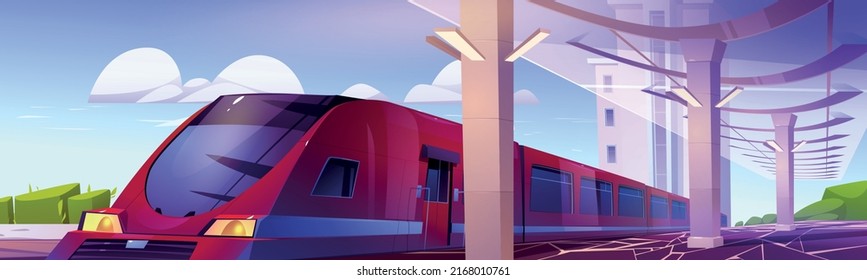 Modern Railway Station Platform With Speed Train. Vector Cartoon Illustration Of Summer City Landscape With Station, Train Waiting On Rails, No People.