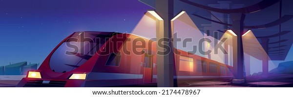 Modern\
railway station with train at night. Vector cartoon illustration of\
summer cityscape with station with empty platform, speed train on\
rails, glass roof and buildings on\
background