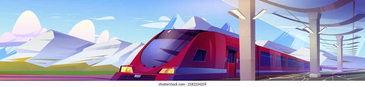 Moderna estación de tren con tren, plataforma y techo de cristal. Dibujo vectorial del paisaje estival con estación vacía, tren de velocidad en rieles y montañas sobre el fondo