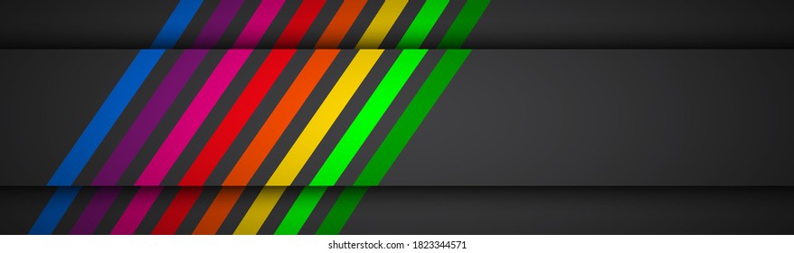 Modern rainbow colored lines on black header. Vector illustration for your presentation. Simple banner for your business