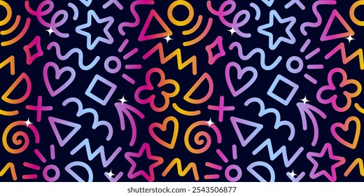 Modern rainbow gradient abstract background. Glowing colorful basic shapes set: star, arrow, triangle, circle, heart, zigzag, spiral, wavy lines. Trendy Memphis geometric pattern, retro 80s, 90s style