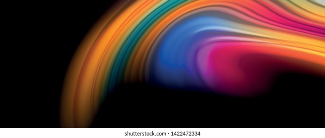 Moderne Regenbogen Flüssigkeit Farbe fließt bunt Poster. Wave Liquid Form auf schwarzem Hintergrund. Abstrakte Komposition