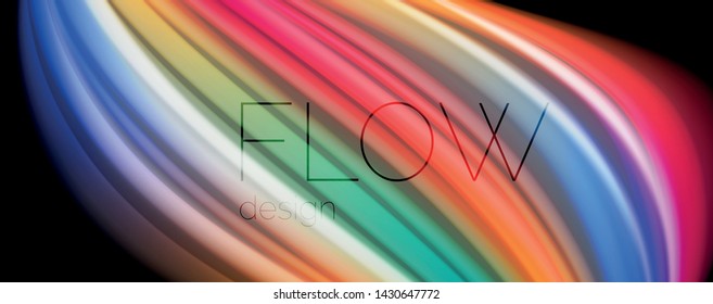 Modern rainbow liquid color flow colorful poster. Wave Liquid shape in black color background. Abstract composition