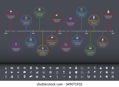 Modern rainbow timeline with circle milestones and set of icons