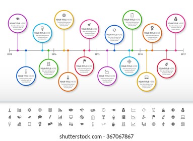 Modern rainbow timeline with circle milestones and set of icons