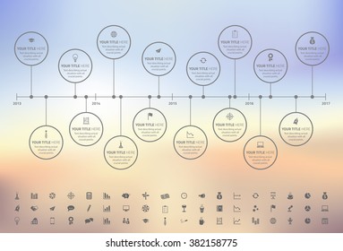 Modern rainbow timeline with circle milestones with pastel fill. Set of icons included