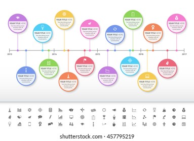 Modern rainbow timeline with circle milestones with pastel fill. Set of icons included